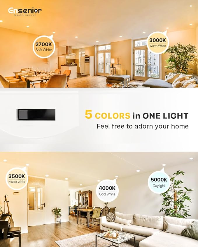Ensenior 4 Inch LED Can Lights 4 Pack, Dimmable Retrofit Led Recessed Lighting, 5CCT Adjustable Color Temperature (2700K-5000K), 7W=77W 700LM, IC & Damp Rated, ETL&FCC Certified