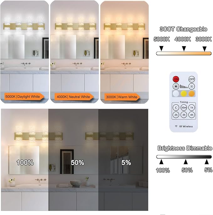 Modern Brushed Gold 8-Lights Bathroom Vanity Light, Eleglant Brass LED Bathroom Light Fixtures over Mirror, Dimmable Acrylic Shade Wall Lighting Fixtures, Hardwired Wall Light(H9.25in, L28.35in)