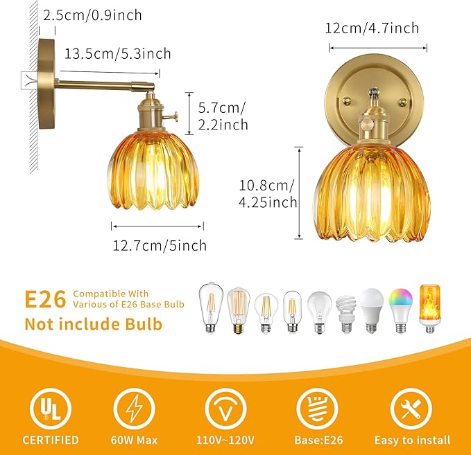 Wall Sconces Set of 2 Vintage Wall Lights Indoor with Amber Glass Shade 180°Adjustable,Twist Switch Modern Wall Lighting Fixture for Bedroom Bathroom Doorway Vanity Entryway Living Room