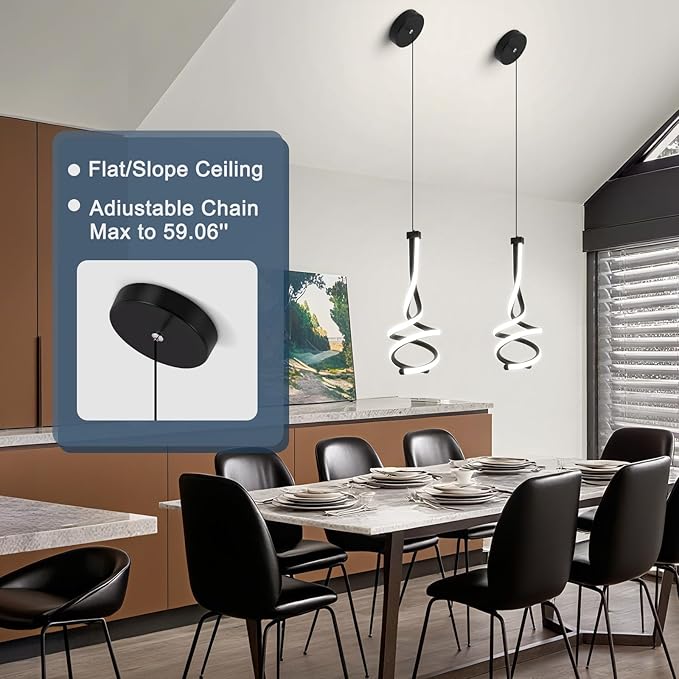 EIDISUNY Modern Pendant Light, Spiral LED Pendant Light Fixture, 4500K LED Hanging Lamp, Black Chandelier Lights Fixture, 20W Adjustable for Kitchen Island, Dining Room, Bedroom,3 Pack