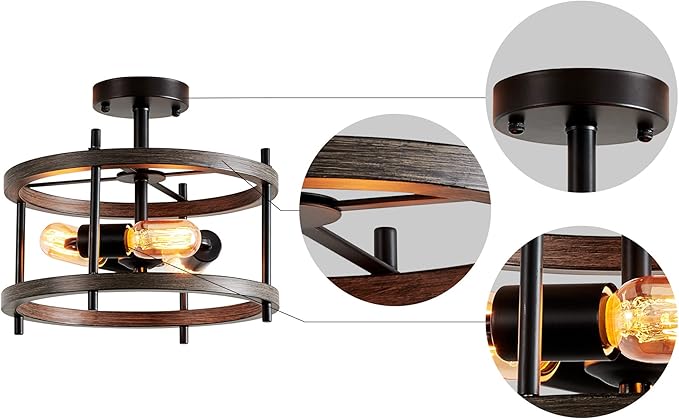 AGV LIGHTING Semi Flush Mount Ceiling Light Fixture, 3-Light Farmhouse Light Fixture Ceiling Mount Wooden Textures with Black