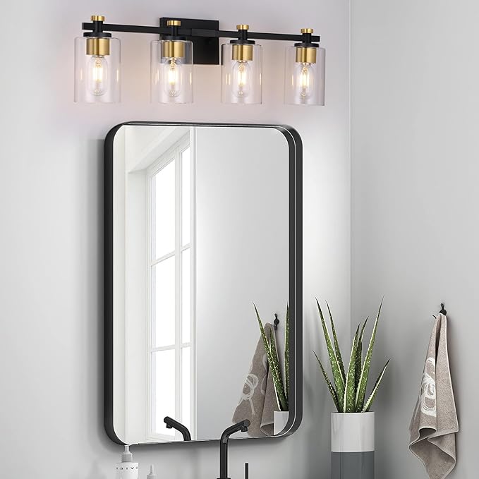 4 Light Bathroom Light Fixtures, Black and Gold Bathroom Vanity Light with Clear Glass Shade, Modern Bathroom Lights Over Mirror Wall Sconce, Brushed Gold Vanity Lights for Bathroom