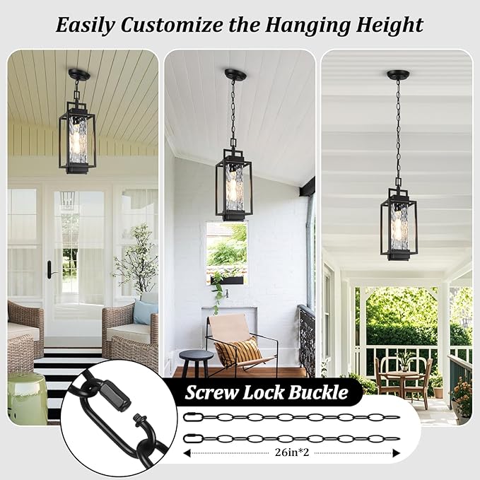 BesLowe 15” Outdoor Pendant Light with LED Bulb, Modern Hanging Lantern Light for Outside with Water Ripple Glass, Black Exterior Pendant Lighting Fixture, Outdoor Chandelier for Front Porch, Gazebo