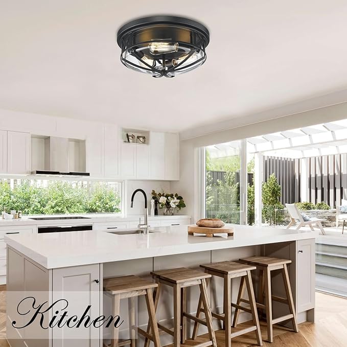 Darkaway 15inch Ceiling Light Fixtures Large Flush Mount Light Fixtures with Clear Glass Shade, Indoor Outdoor Ceiling Light for Hallway Entryway Bathroom Stairway Porch Kitchen 3-Light E26