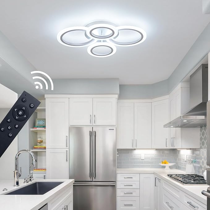 Shine LUEST 34W LED Ceiling Light with Remote, 3000-6000K Dimmable Modern Flush Mount Ceiling Lighting Fixture White 4 Rings Round Chandelier Ceiling Lamp for Small Room, Bedroom