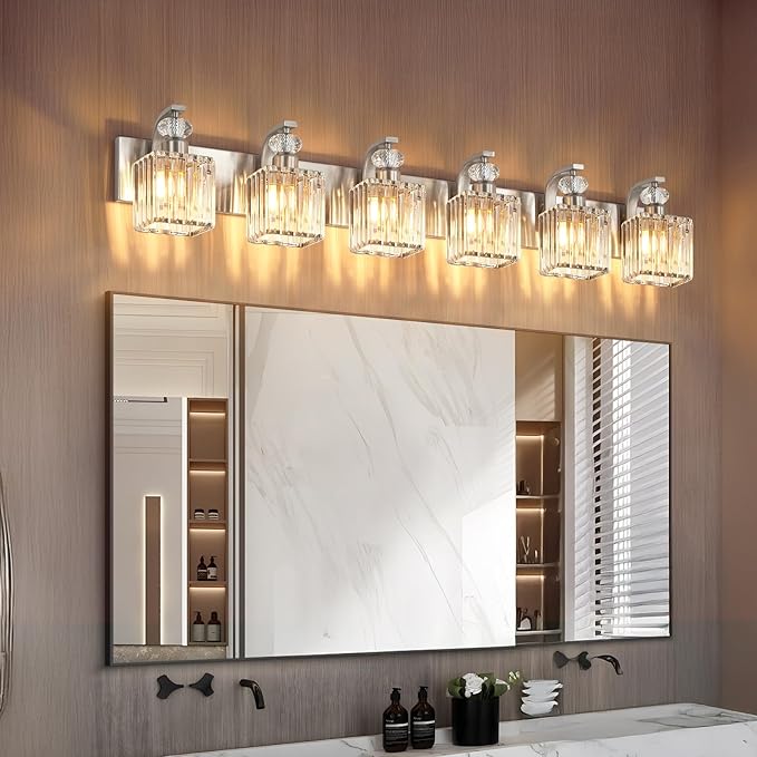 Modern Bathroom Vanity Light, 6-Light Nickel Bathroom Lighting Fixtures Over Mirror, 44.1" Crystal Wall Light Sconce for Bathroom/Bedroom/Vanity, Includes LED Bulbs, Easy Installation