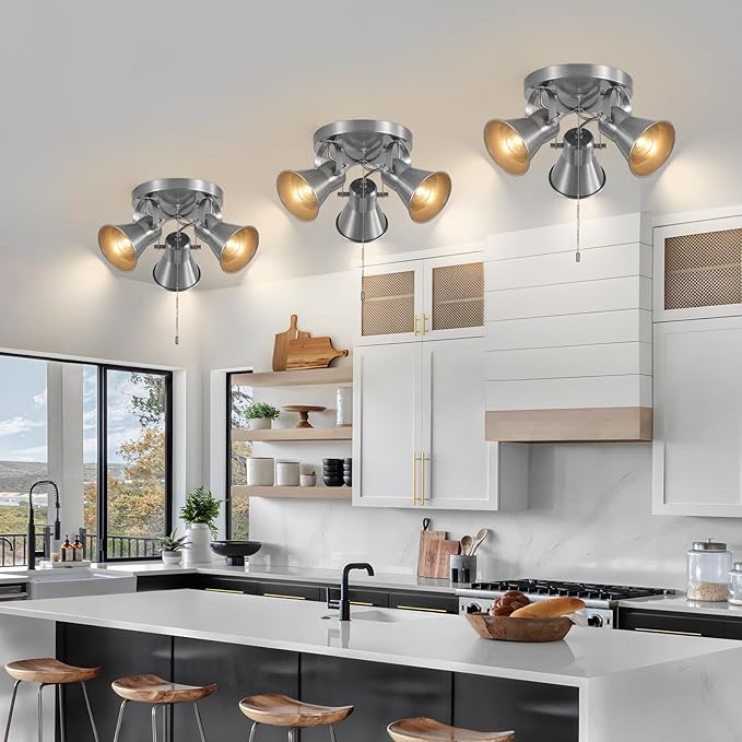 SEEBLEN 3-Light Ceiling Lights with Pull Chain, Adjustable Round Kitchen Ceiling Light, Morden Nickel Flush Mount Directional Track Light for Kitchen, Hallway, Dining Room, Bathroom, Coffee Bar