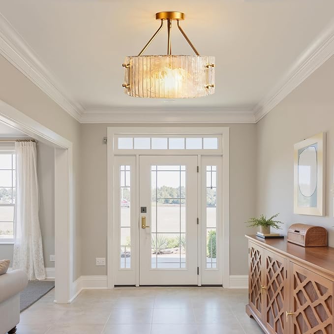 Gold Glass Semi Flush Mount Ceiling Light Fixture 3-Light Drum Ceiling Light Foyer Kitchen Lighting Fixtures D15 Farmhouse Flush Mount Ceiling Lights for Living Room Hallway Bedroom