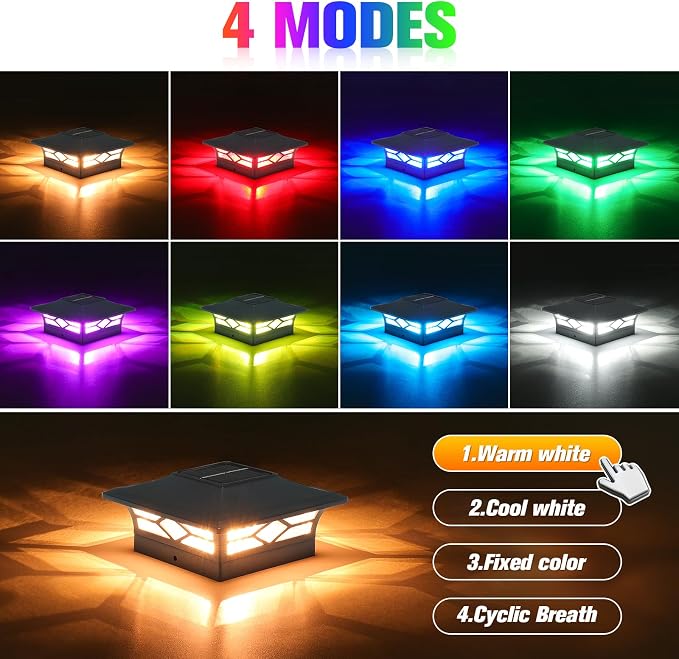 VOLISUN Solar Post Cap Light Outdoor Waterproof: RGB Color Changing - Solar Fence Cap Flashing Lights 4Pack Black for 4x4 5x5 6x6 Wooden Vinyl Post