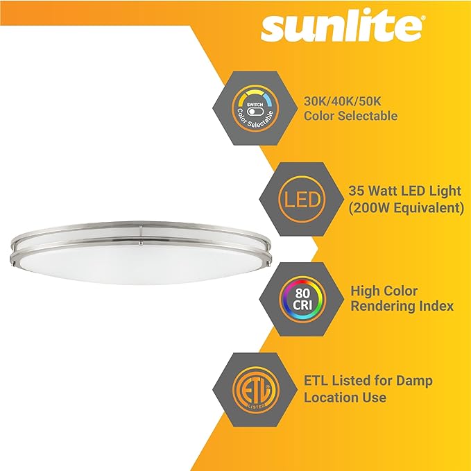 Sunlite 32" Oval Double Band Trim Flush Mount Light Fixture, 35 Watts, 3000 Lumens, Color Selectable 30K/40K/50K, Dimmable, ETL Listed, Brushed Nickel, for Residential & Office Use