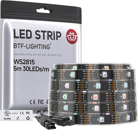 BTF-LIGHTING WS2815 (Upgraded WS2812B) LED Strip Light,UL Listed,16.4FT 150 LED/Pixels,Flexible Chasing RGB,Dual Signal Individually Addressable,5050SMD,DC12V IP67(No Adapter or Controller)