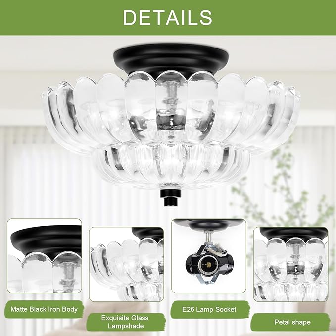 11.8-Inch Black Semi Flush Mount Ceiling Light, Modern 3-Light Clear Glass Chandelier Light Fixture for Bedroom Kitchen Bathroom Hallway Close to Ceiling Light