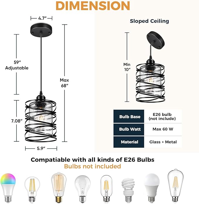 Pendant Lights Kitchen Island, Modern Black Farmhouse Hanging Light with Bubble Seeded Glass, 2 Pack Pendant Lighting with Adjustable Height for Dining Room, Bedroom, Living Room, Hallway