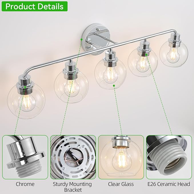 Bathroom Light Fixtures Chrome Vanity Light Silver 5 Light Modern Wall Sconces Lighting Bathroom Lights with Globe Glass Shades Bath Wall Lights for Mirror Kitchen Living Room Hallway 34.5"