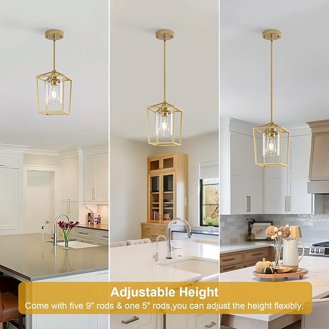 3 Pack Gold Pendant Lights, Farmhouse Kitchen Pendant Lighting Over Island, Metal Cage Hanging Lights with Clear Glass Shade for Kitchen Island, Dining Room, Entryway, Hallway
