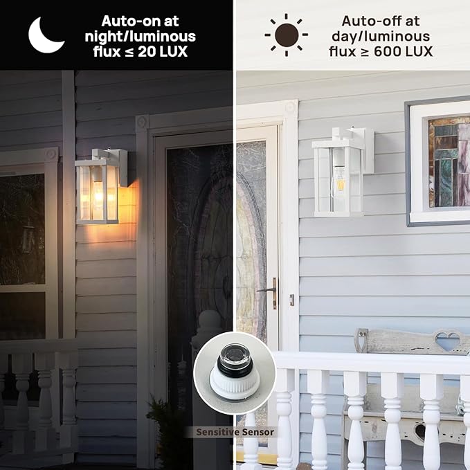 Dusk to Dawn Porch Lights with GFCI Outlets Waterproof Outdoor Wall Lights Exterior Lighting Fixtures Modern Outside Lights Wall Mount for House Patio Garage,White,11.8''H,1PC