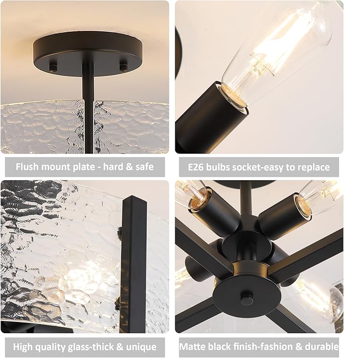 18" Black Large Semi Flush Mount Ceiling Light, 4-Light Farmhouse Ceiling Light, Foyer Light Fixtures Modern Glass Ceiling Mount for Entryway Bathroom Hallway Bedroom Kitchen
