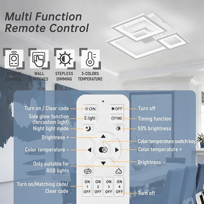 Modern White Led Ceiling Light 3-Square Design 3000K-6500K Dimmable LED Ceiling Light with Remote 33W Acrylic Ceiling Lighting Fixture for Bedroom Kitchen Dining Room Office Lamps (White)