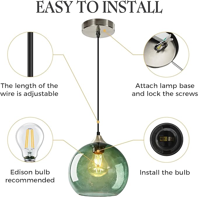 7.1in Medium Green Glass Pendant Light for Kitchen Island, 3-Pack with Extra LED Bulbs & 4.92ft Adjustable Cord | Modern Minimalist Lighting for Dining Room, Living Room, Entryway