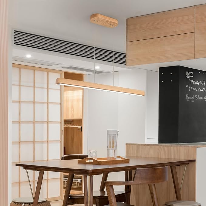 YISDESIGN 31.5" 18W 1-Light Wooden Led Linear Pendant Light Dimmable Led Ceiling Hanging Light Fixtures Modern Chandeliers for Dining Room Kitchen Island Lights Natural