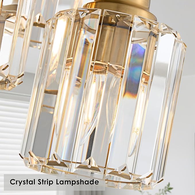 Gold Close to Ceiling Light Fixtures, 3-Light Crystal Ceiling Light with Clear K9 Crystal Shades, Modern Semi Flush Mount Ceiling Light for Hallway Kitchen Bathroom Entryway