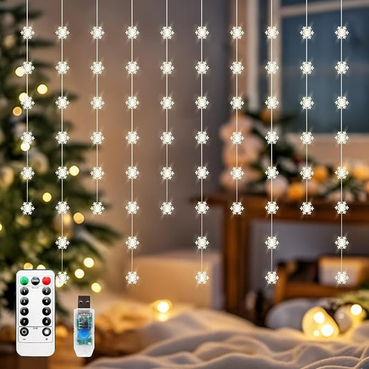 Snowflake Curtain Lights, Warm White Window Lights 70 Snowflakes Hanging Light with Remote Fairy Led Twinkle String Lights Home Bedroom Wall Décor for Christmas, Wedding, Party, Birthday