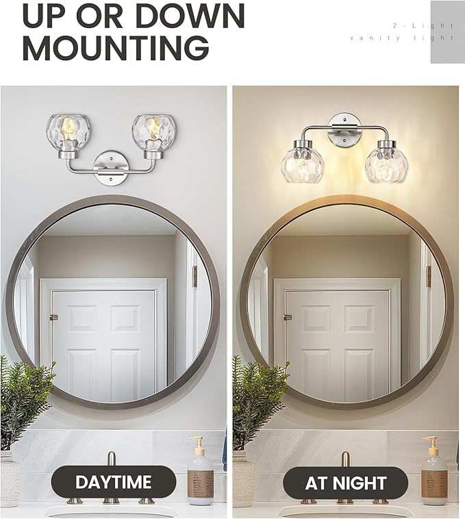 zeyu 16 Inch Bathroom Light Fixtures, 2-Light Vanity Bath Light for Mirror Bedroom, Brushed Nickel Finish with Water Ripple Globe Glass, ZS62BG-2W BN-WG
