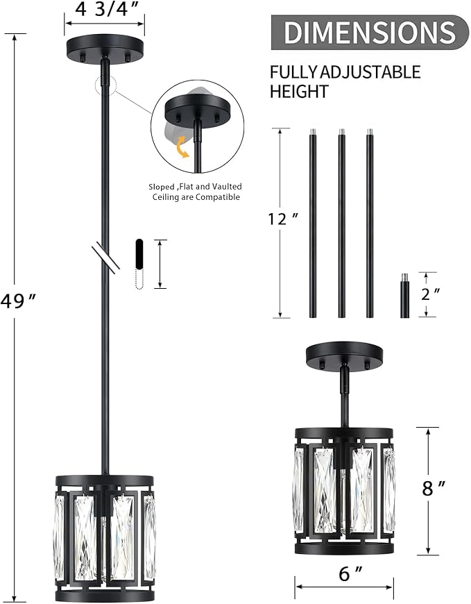 Crystal Pendant Lighting Fixture Matte Black Drum Shade Chandelier,2-Pack Pendant Lights for Kitchen Island Modern Ceiling Lights for Living Room
