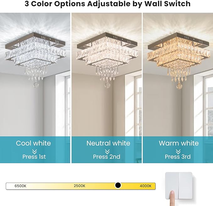 Finktonglan Crystal Chandeliers, 13'' Modern LED Chandelier Ceiling Light with Multilayer Crystal, Square Flush Mount Ceiling Light for Dining Room Bedrooms Entryway Living Room (Multicolor)