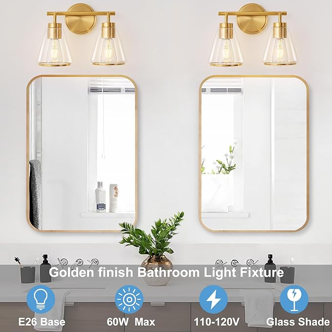 Bathroom Light Fixtures Over Mirror Gold Vanity Lights 2-Lights Bathroom Vanity Light with Clear Glass Shade 14 inch Vanity Lighting Fixtures Modern Wall Sconces Lights for Barth