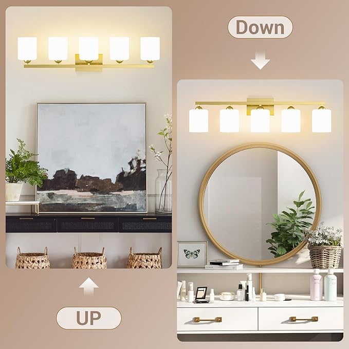 Quntis Gold Bathroom Light Fixtures Over Mirror 5 Colors Adjustable, 5-Light LED Bathroom Vanity Lighting with Milky White Frosted Glass Shade, Vanity Energy-Saving LED 35.8 inch
