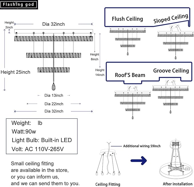 Flashing God Dia 32'' Modern Chandeliers for Living Room Crystal Flush Mount Ceiling Chandelier Large Chandeliers for Dining Room Bedroom LED Dimmable 3000-6000K Chrome