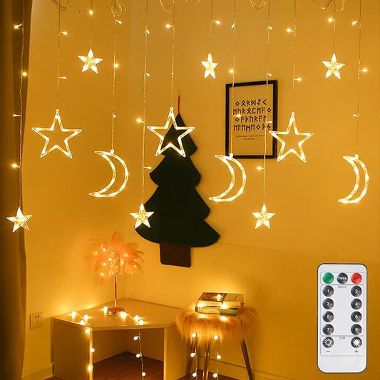 Star Moon Curtain Lights 11.5ft Remote Control LED Fairy Light Strings, 8 Flashing Modes Waterproof Decorative Lights for Garden, Christmas, Wedding, Party, Bedroom Decorations(Warm White)