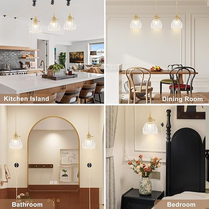 Plug in Pendant Light Fixtures, Hanging Light Fixture Vintage Glass Pendant Light, Mini Transparent Tulip Hanging Lamp, Pendant Lighting for Kitchen Island, Bedroom, Dining Room, Living Room
