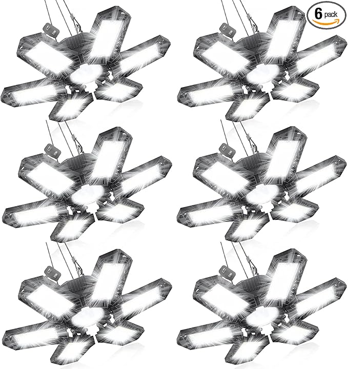 SEOBIOG LED Garage Lights - 6 Pack, 200W 20000LM Plug-in Shop Light with 6+1 Deformable Panels for Garage, Warehouse, Barn, Basement (Built-in ON/Off Switch)