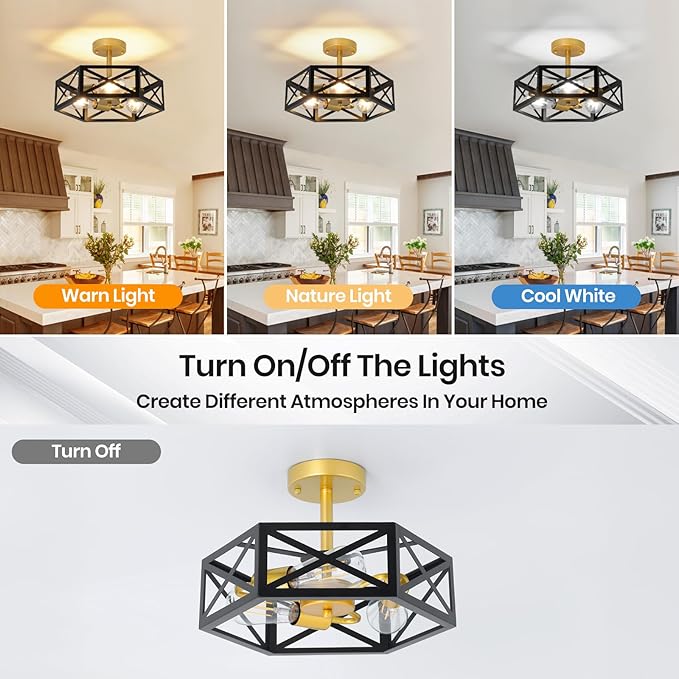 Farmhouse Light Fixtures Ceiling Mount 3-Light E26 Black Gold Semi Flush Mount Ceiling Light Fixture, Industrial Rustic Close to Ceiling Hallway Lights for Bathroom Entryway Kitchen