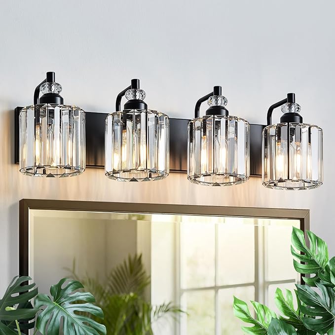 4-Light Black Bathroom Light Fixtures Over Mirror Modern Vanity Lights Crystal Wall Sconce Vintage Bathroom Lighting with Crystal Shade E26 Base for Bedroom, Living Room, Hallway