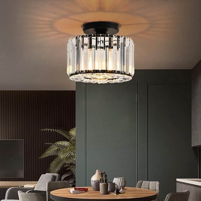 Crystal Ceiling Light, Semi Flush Mount Ceiling Light Black Crystal Chandelier for Bedroom Kitchen Hallway Entrance Balcony Dining Rooms Living Rooms Bar
