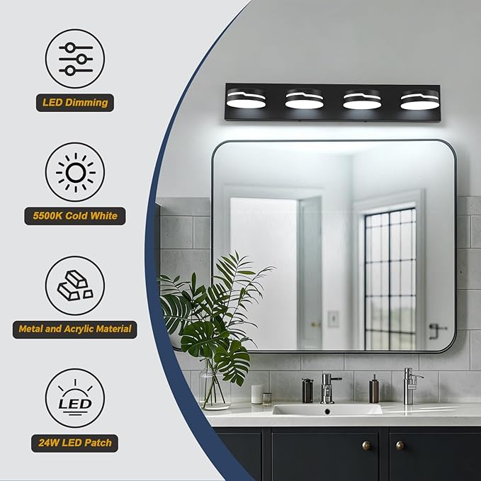 Vanity Lights for Bathroom, 25.6in Matte Black Bathroom Light Fixtures Over Mirror, 4-Light Modern LED Wall Sconce Makeup Lighting, 350° Rotatable, Dimmable 5500K Cool White, Hardwired
