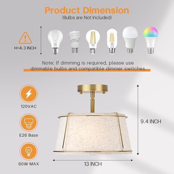 13'' Semi Flush Mount Ceiling Light Fixture,3-Light Gold Light Fixtures Ceiling Mount with Linen Drum Fabric Shade,Modern Close to Ceiling Lamp for Bedroom Dining Room Kitchen Hallway (Adjustable)
