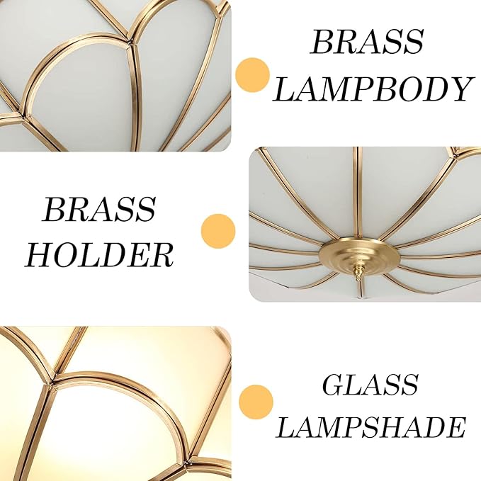 MIXL- Mid Century Brass Flush Mount Ceiling Light,LED Antique Brass Light Fixture, Modern Frosted Glass Ceiling Lamps for Living Room, Close to Ceiling Light Decorative for Bedroom(23.62" W)