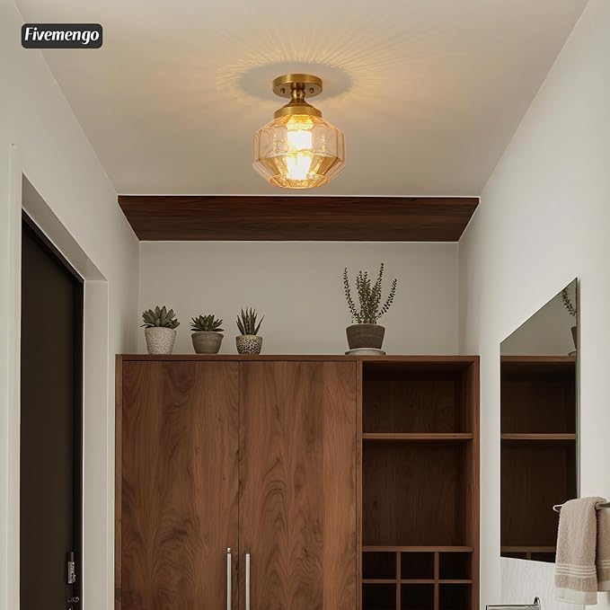 9in Semi Flush Mount Ceiling Light Fixture, Small Vintage Striated Glass Kitchen Lighting Fixtures Ceiling Mount for Entryway Hallway Bedroom Dining Room Bathroom Foyer Laundry (Amber)