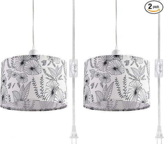 2 Pack Plug in Pendant Light, Hanging Light with 15Ft Clear Cord, On/Off Switch, Flower Fabric Lamp Shade, Hanging Light Fixture for Bedroom, Kitchen, Living Room, Dining Table