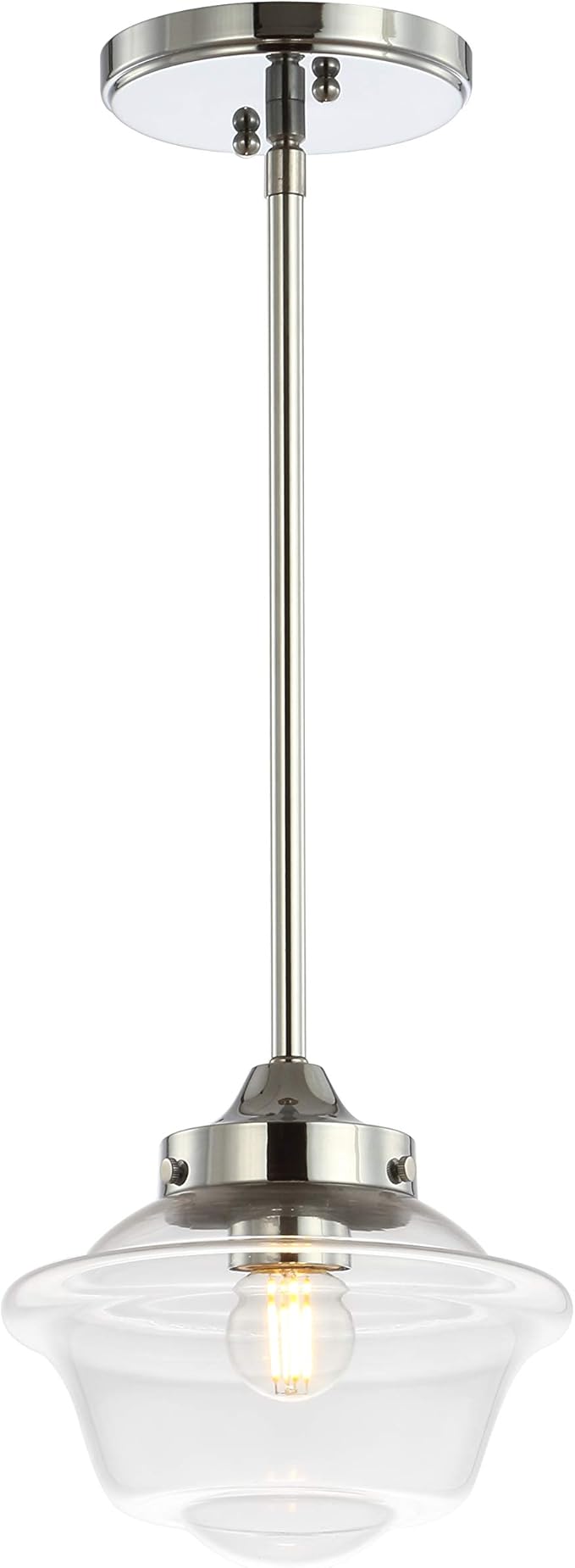 JONATHAN Y 7.25" Chrome Modern Schoolhouse LED Pendant Light Fixture, Adjustable Drop Metal Hanging Lamp with White Glass Shade for Kitchen Island, Dining Room, Foyer (JYL3516B)