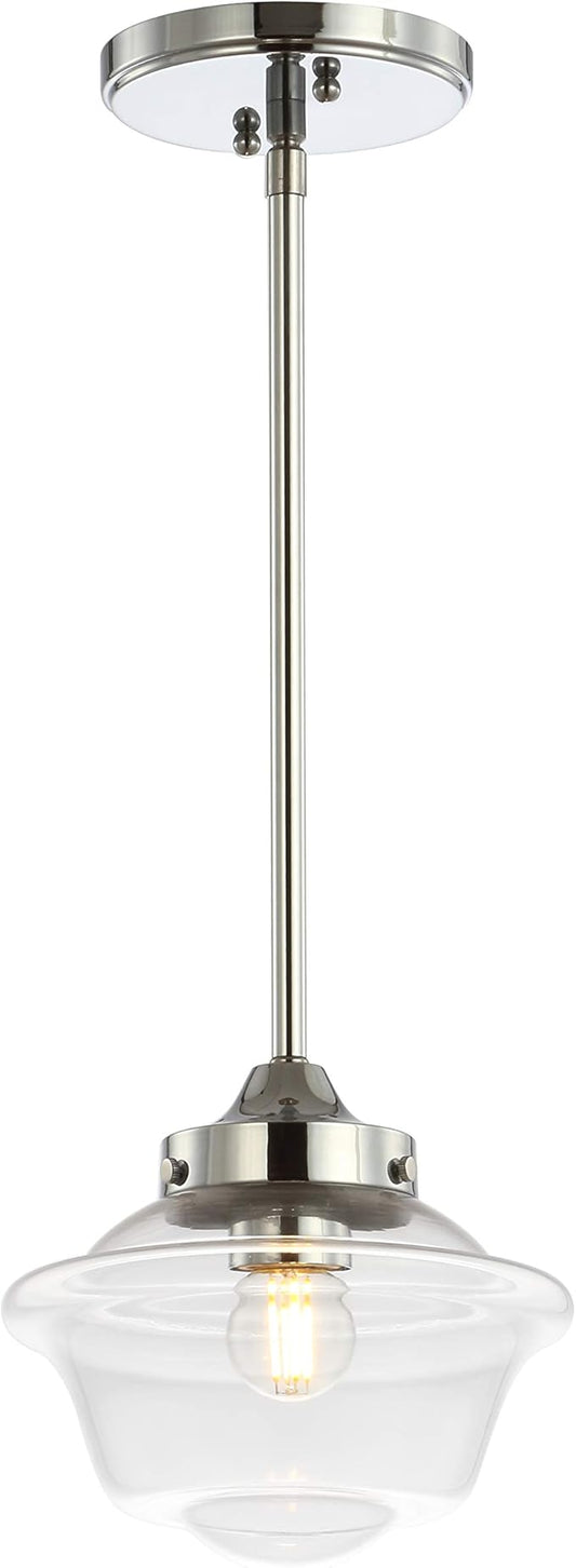 JONATHAN Y 7.25" Chrome Modern Schoolhouse LED Pendant Light Fixture, Adjustable Drop Metal Hanging Lamp with White Glass Shade for Kitchen Island, Dining Room, Foyer (JYL3516B)