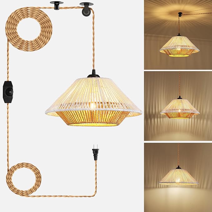 Epinl Boho Plug in Hanging Light - 12.7 Inch Rattan Plug in Pendant Light Dimmable Wicker Bamboo Woven Lampshade Hanging Lamp for Bedroom Living Room Farmhouse