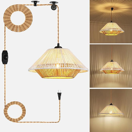 Epinl Boho Plug in Hanging Light - 12.7 Inch Rattan Plug in Pendant Light Dimmable Wicker Bamboo Woven Lampshade Hanging Lamp for Bedroom Living Room Farmhouse