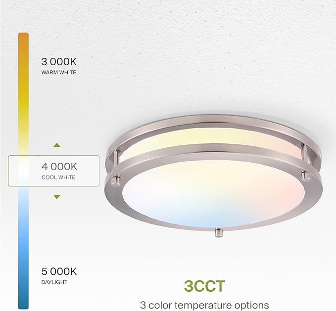ASD LED 12" Round Flush Mount Lighting, Close to Ceiling Light Fixture | 3CCT, Dimmable, Energy Star, ETL Listed | 20W 1532LM 3000-5000K 120V | Low Profile Double Ring Lamp | Nickel