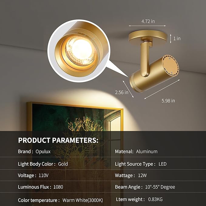 12W LED Gold Dimmable Zoomable Ceiling Spotlight Indoor – Adjustable Surface Mount Accent Light for Corridor, Living Room, Plants & Painting | Warm White 3000K CRI 97, Flicker-Free, 4 Packs