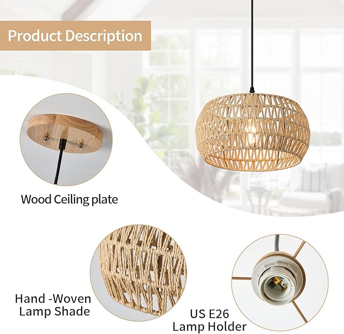 13 Inch Rattan Pendant Lights Farmhouse Boho Chandelier Light Fixture Rustic Wicker Hand Woven Pendant Hanging Light for Dining Room Kitchen Bedroom Foyer Hallway